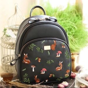 Cottagecore black leather backpack leaves, mushrooms, toadstools, deers, rabbits